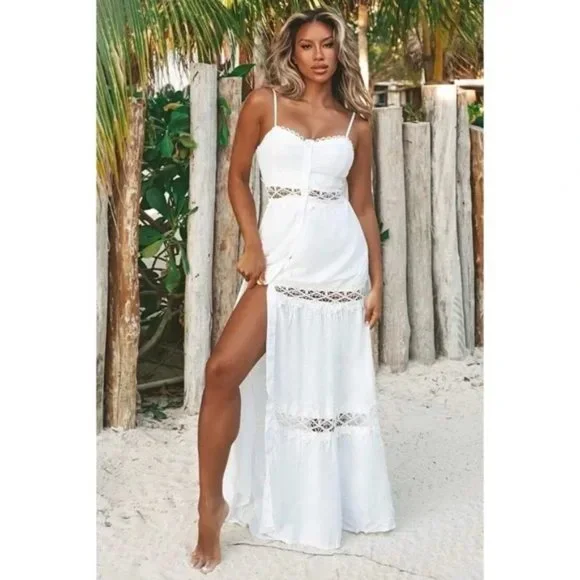 White Sleeveless V-Neck Crochet Trim Tiered Maxi Dress - Picture 2 of 9